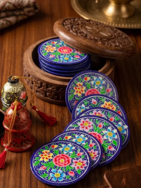 Kashmiri Coaster Box with Paper Machie Work | Floral Round