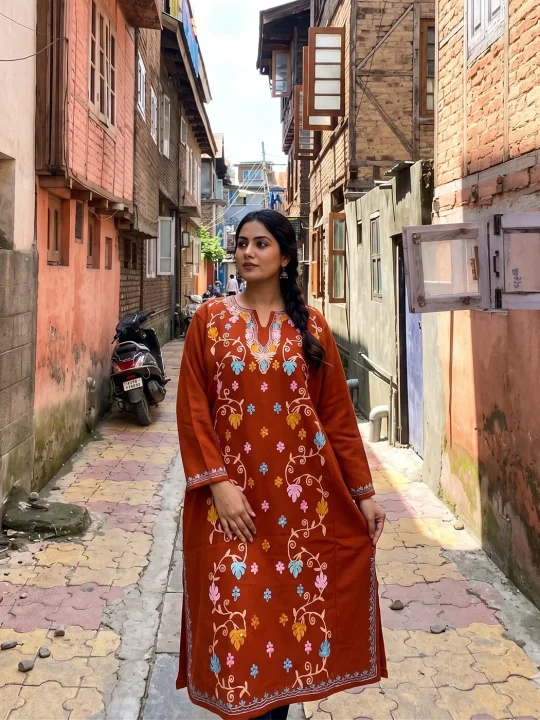 Ziyan Kashmiri Pheran in Rustic Orange Cashmilon Wool with Aari Embroidery