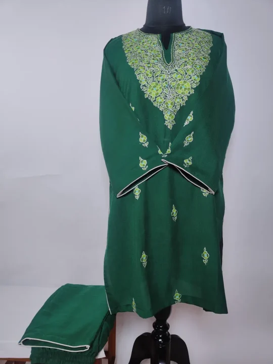 Green Kashmiri Summer Cool Cotton Kurti Set With Sabeen Hand Sozni Embroidery