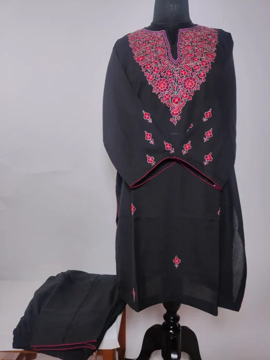 Kashmiri Summer Cool Cotton Black Kurti Set With Hand Sozni Embroidery Ruksan