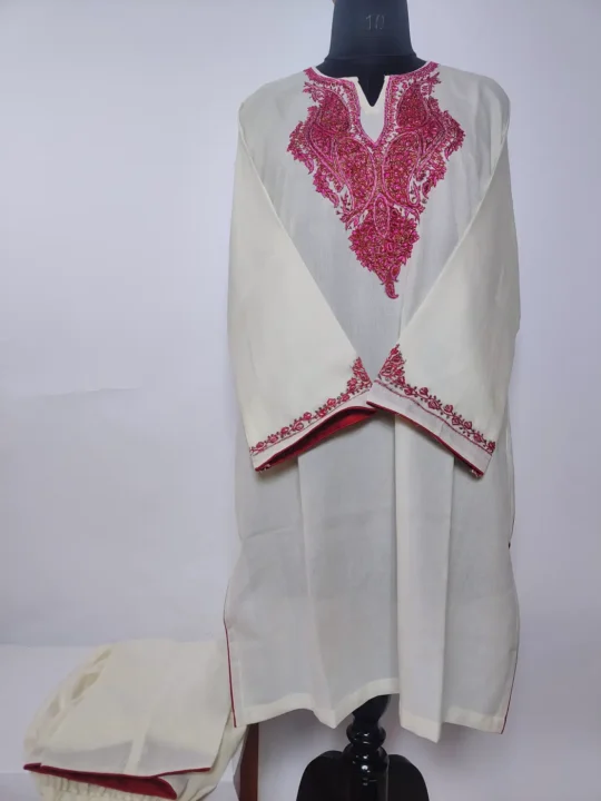 White Kashmiri Summer Cool Cotton Kurti Set With Hand Sozni Embroidery