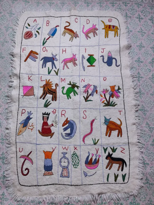 Kids Kashmiri Handcrafted Wool Namda Rug with Aari Embroidery ABC Nursery Detailing (6x4 ft)