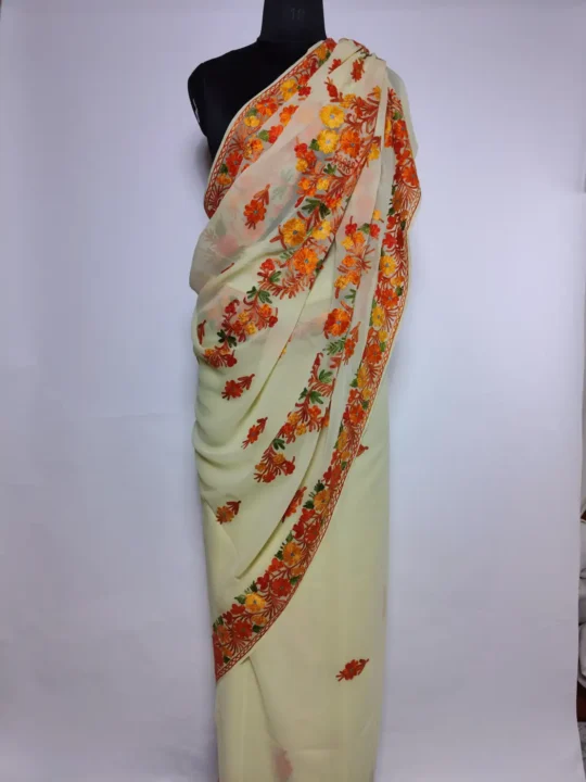 Kashmiri Cream Georgette Saree with Aari Work