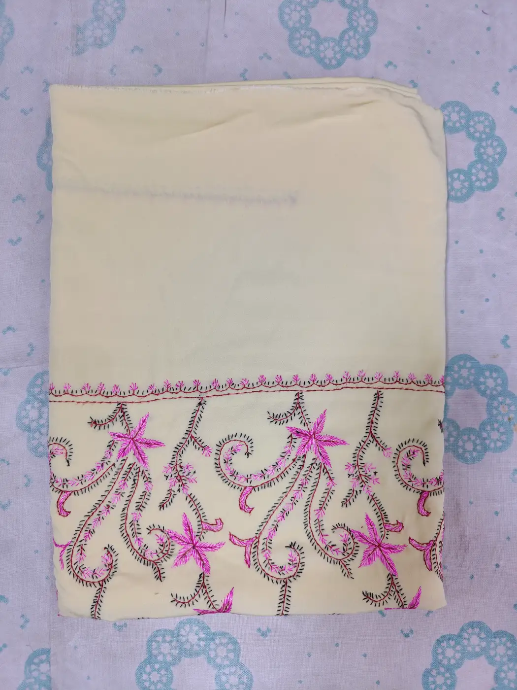 Pastel Yellow Kashmiri Saree in Crepe Mehr-e-Bahar with Hand Sozni Embroidery - Image 2