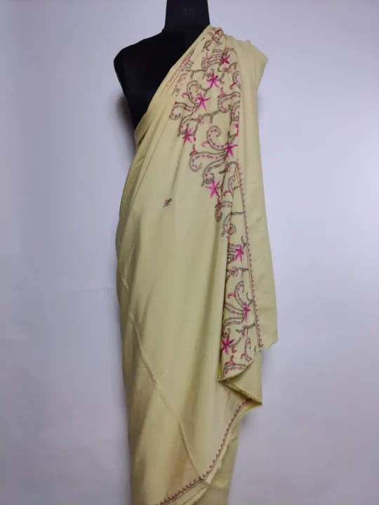 Pastel Yellow Kashmiri Saree in Crepe Mehr-e-Bahar with Hand Sozni Embroidery