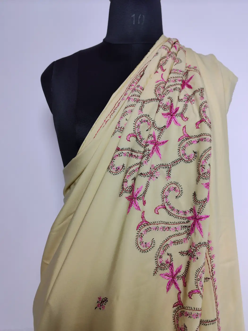 Pastel Yellow Kashmiri Saree in Crepe Mehr-e-Bahar with Hand Sozni Embroidery - Image 3