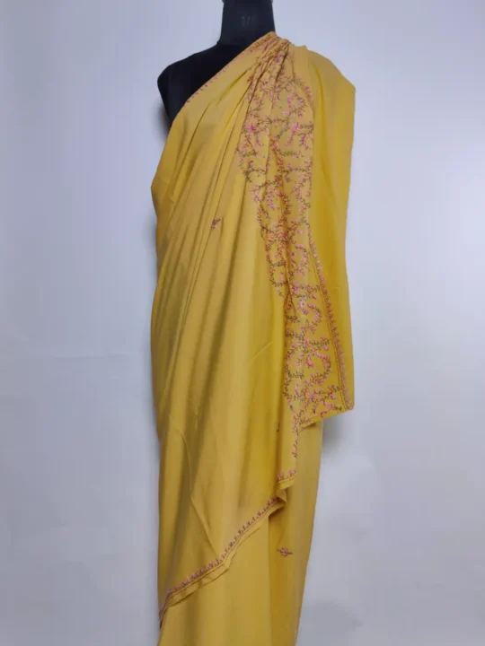 Yellow Kashmiri Saree in Crepe with Hand Sozni Embroidery