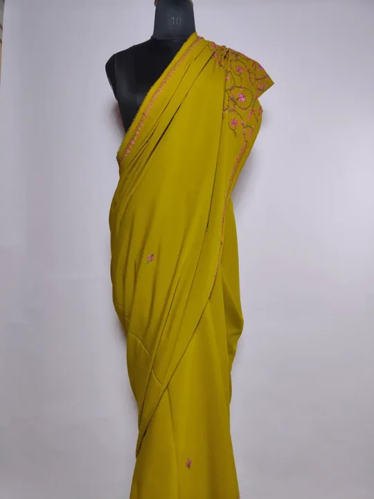 Olive Green Kashmiri Saree in Crepe with Hand Sozni Embroidery