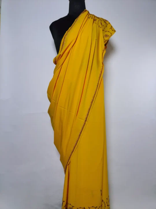 Mustard Kashmiri Saree in Crepe with Hand Sozni Embroidery