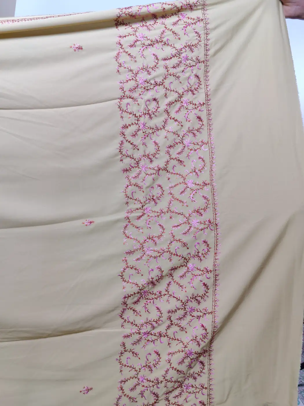 Beige Kashmiri Saree in Crepe with Gulbahar Hand Sozni Embroidery - Image 3