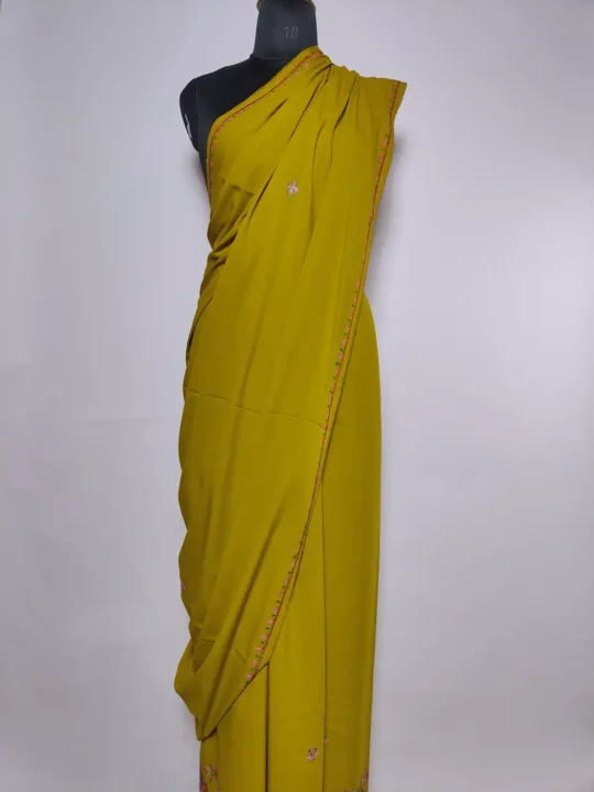 Olive Green Kashmiri Saree in Gul-e-Rabta Crepe with Hand Sozni Embroidery