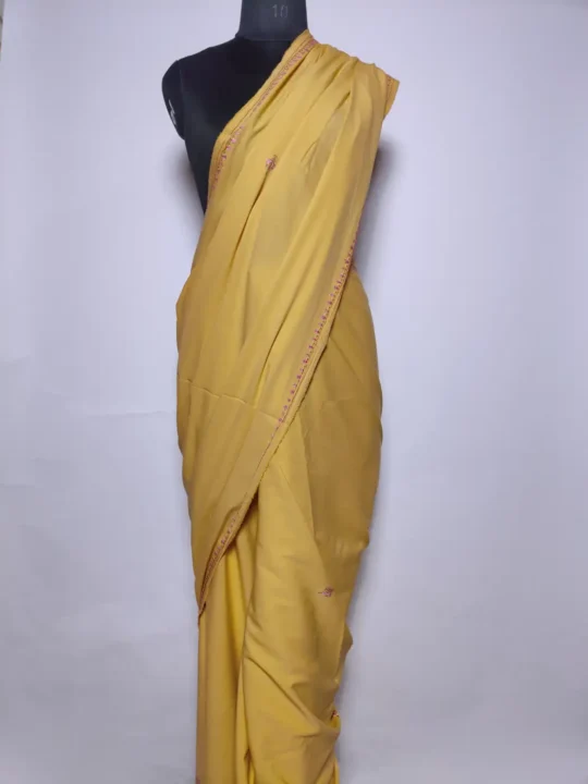 Yellow Kashmiri Saree in Crepe with Chashm-e-Noor Hand Sozni Embroidery