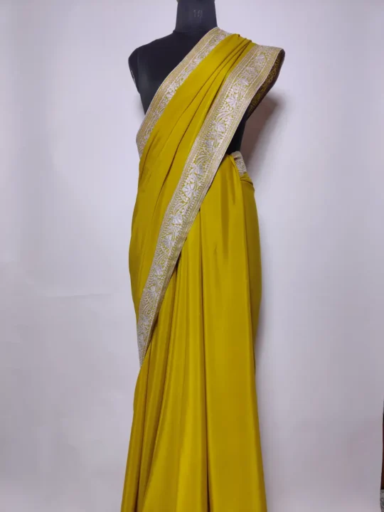 Saree in Mustard Crepe with Tilla Embroidery
