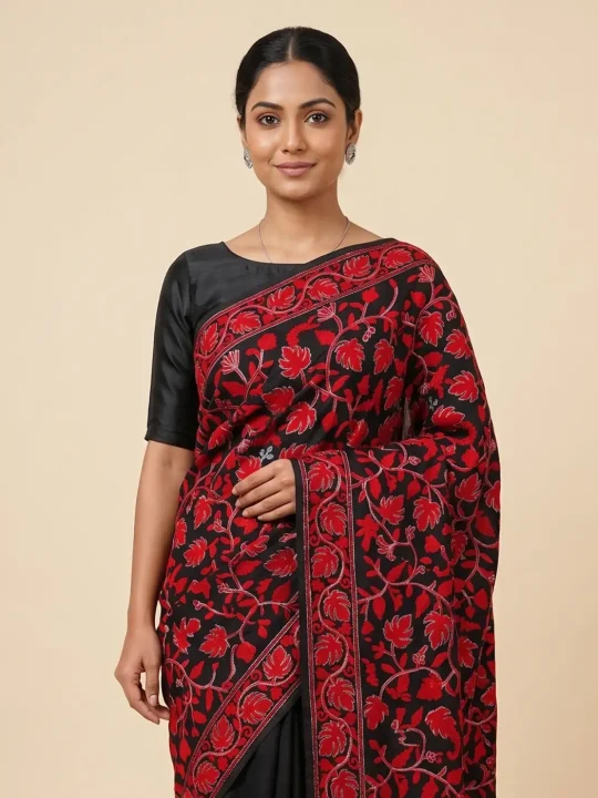 Black Georgette Kashmiri Saree Nazakat with Chinari Aari Embroidery