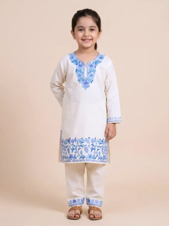 Kashmiri Kurta Set for Kids in White Cotton with Aari Work for 6-7 years