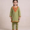 Kashmiri Girls Kurta Set in green Cotton with Aari Embroidery for 1-2 years