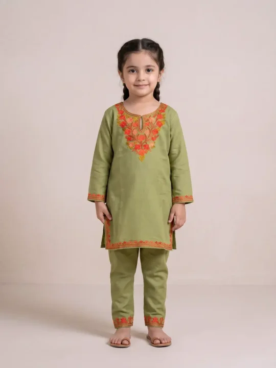 Firdaus Kashmiri Kurta Set for Girls in Green Cotton with Aari Embroidery (5-6 years)