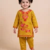 Kashmiri Girls Kurta Set in Mustard Cotton with Aari Embroidery for 1-2 years