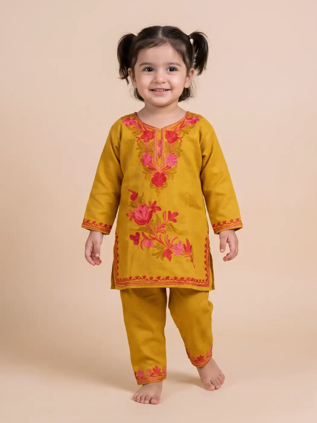 Kashmiri Girls Kurta Set in Mustard Cotton with Aari Embroidery for 1-2 years