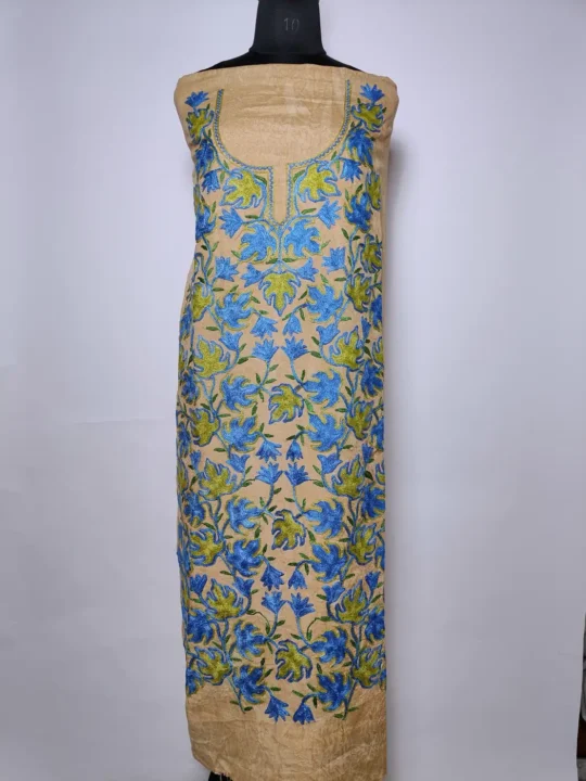 Kashmiri 2pc Rivayat Suit in Beige Crush Cotton Afreen with Chinari Aari Embroidery