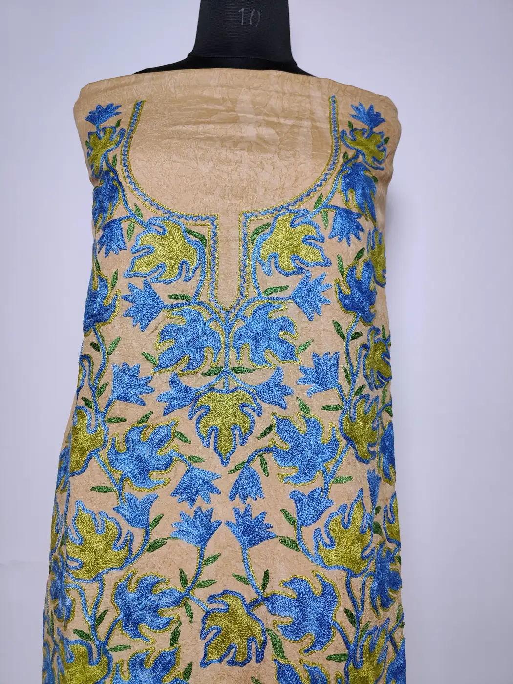 Kashmiri 2pc Rivayat Suit in Beige Crush Cotton Afreen with Chinari Aari Embroidery - Image 2