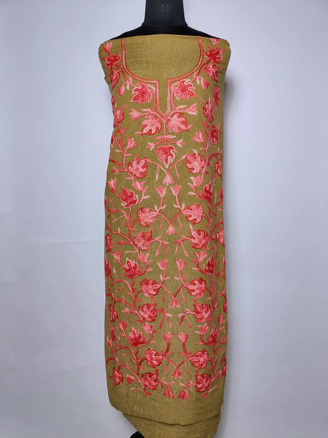 Kashmiri 2pc Light Green Suit in Crush Cotton Afreen with Chinari Aari Embroidery