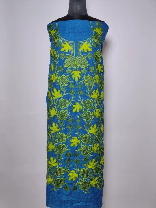 Blue 2pc Kashmiri Suit in Cheshm-i-noor Crush Cotton Bahaar with Chinari Aari Embroidery