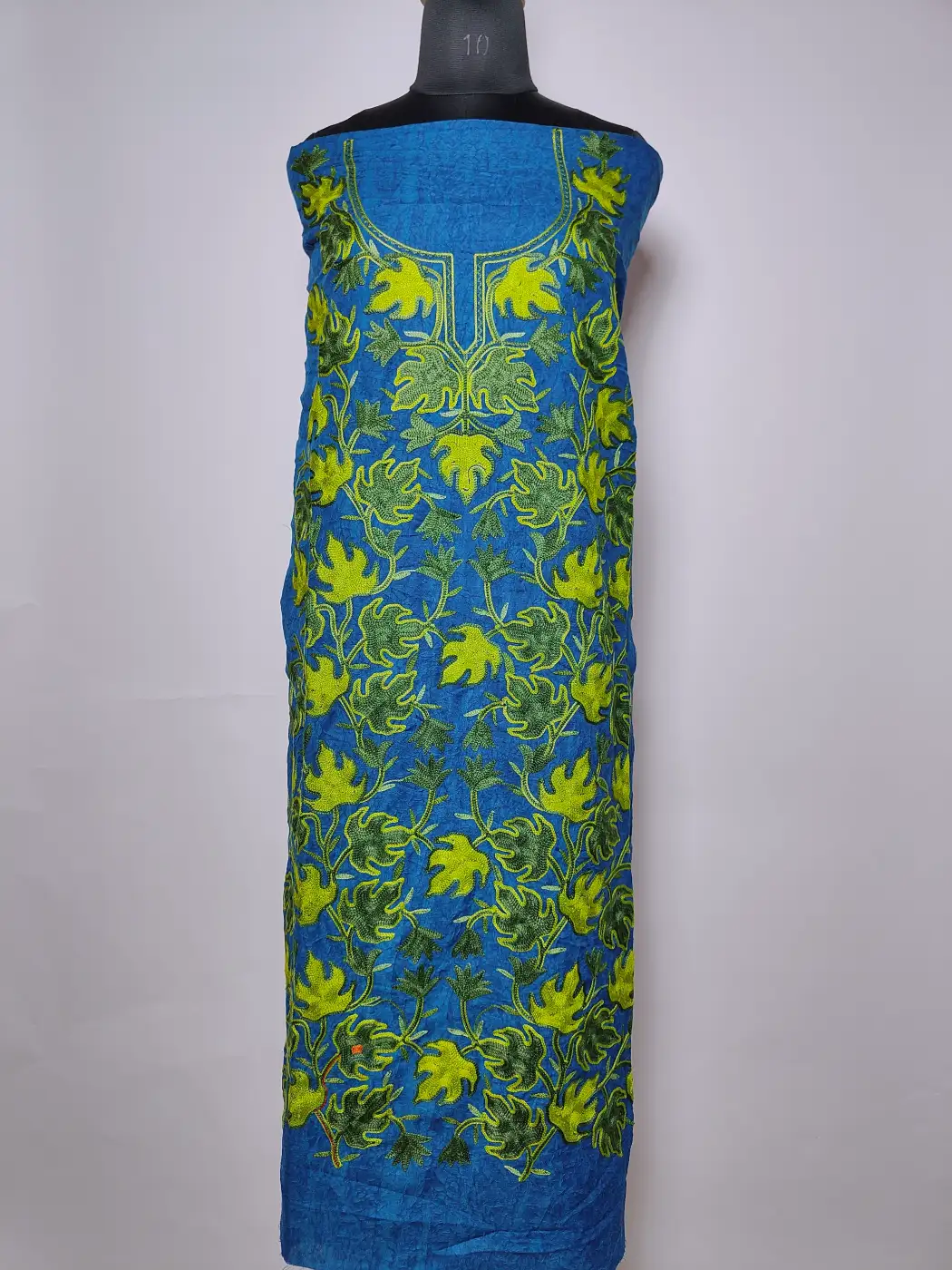 Blue 2pc Kashmiri Suit in Cheshm-i-noor Crush Cotton Bahaar with Chinari Aari Embroidery
