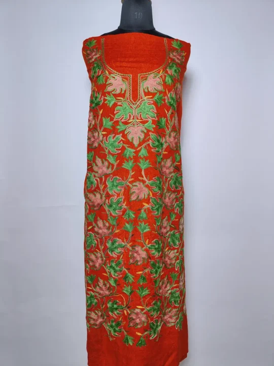 Gulistan 2pc Kashmiri Suit in Red Crush Cotton Bahaar with Chinari Aari Embroidery