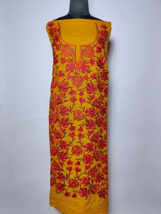 2pc Kashmiri Suit in Mustard Crush Cotton Bahaar with Chinari Aari Embroidery