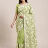 Classic Pale green Georgette Saree with Chinari Akh Rang Aari Work from Kashmir