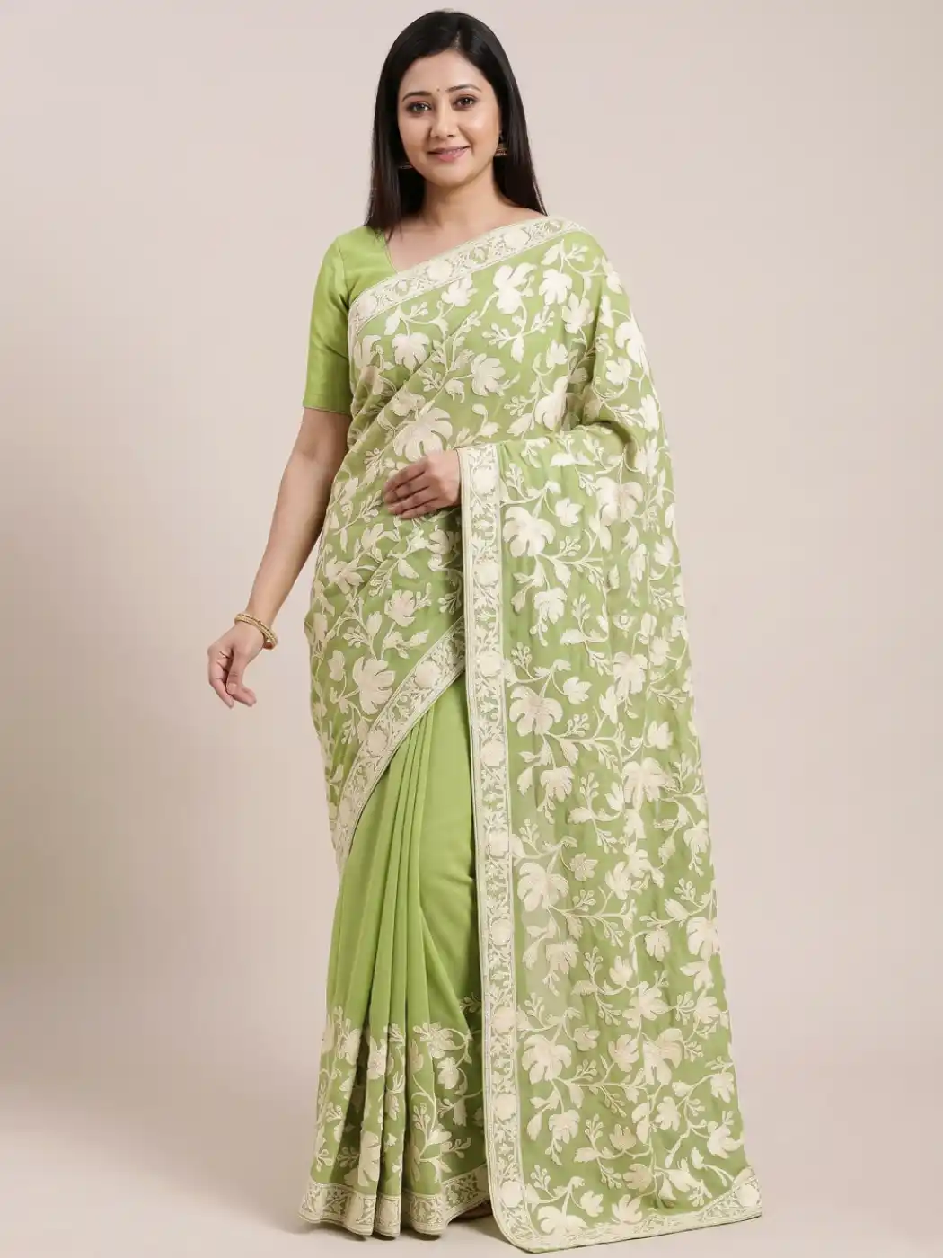 Classic Pale green Georgette Saree with Chinari Akh Rang Aari Work from Kashmir
