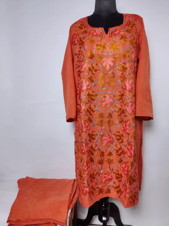 Rustic Orange Kashmiri Kurti Set in Chinar-i-mehk  Crush Cotton with Aari Embroidery