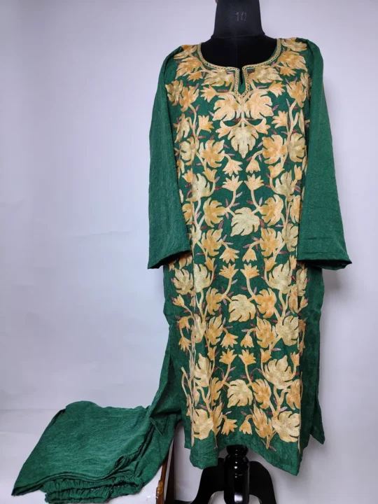 Dark Green Kashmiri Kurti Set in Crush Cotton with Chinari Aari Embroidery Naqsh-i-raaz