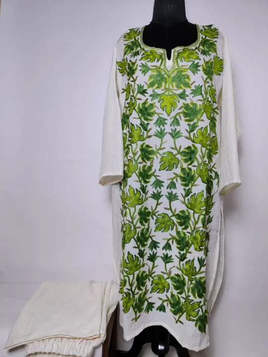 Gulnar Kashmiri Kurti Set in Cream Crush Cotton with Chinari Aari Embroidery