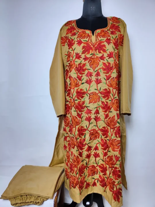 Kashmiri Beige Kurti Set Naqsh in Cotton with Chinari Aari Embroidery