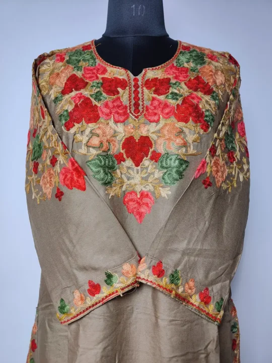 Beige Kurti Set in Rayon Cotton with Aari Work at front back neckline over the sleeves