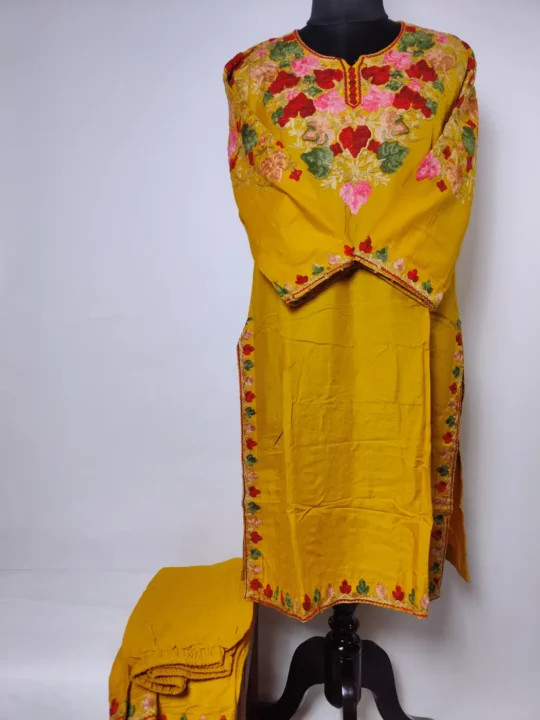 Noor Chinar Kurti Set in Rayon Mustard Cotton with Front Back Aari Embroidery
