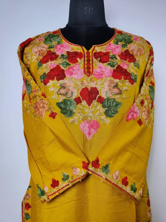 mustard Kurti Set in Rayon Cotton with Aari Work at front back neckline over the sleeves
