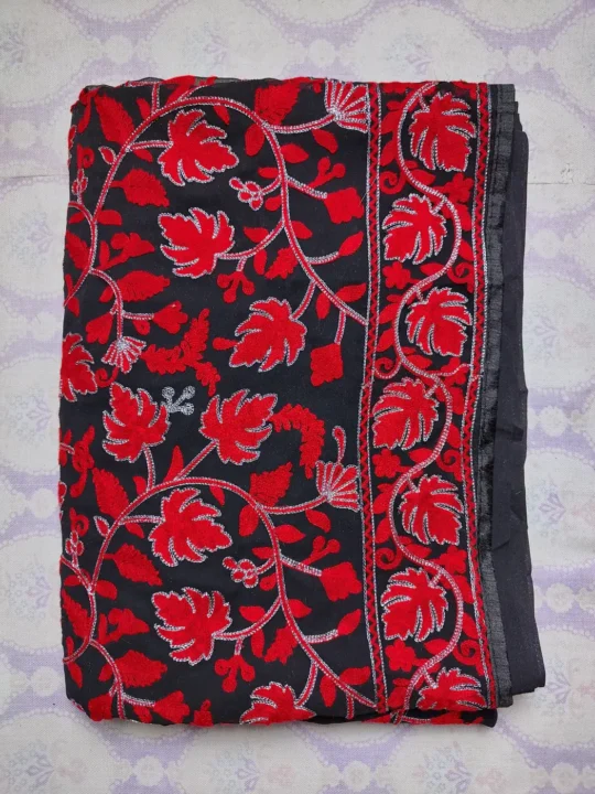 Black Georgette Kashmiri Saree with Chinari red Aari Embroidery