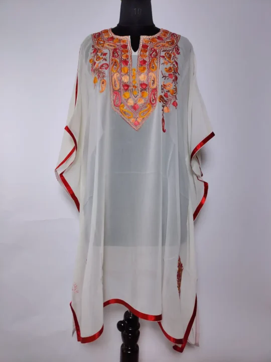 Kashmiri Georgette Kaftan in White with Aari Embroidery Gulfam