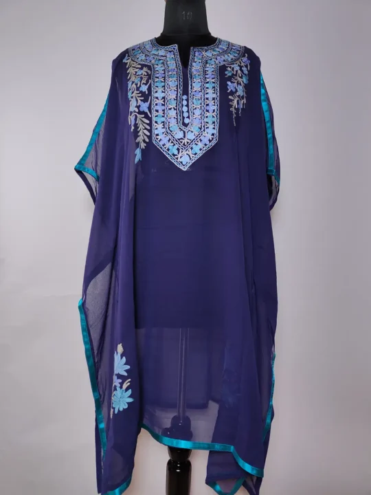Kashmiri Dark Blue Long Kaftan in Naureen Georgette with Aari Embroidery