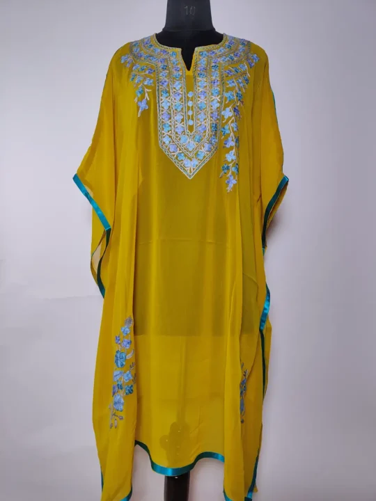 Yellow Kashmiri Long Kaftan in Georgette with Aari Embroidery Mahnoor