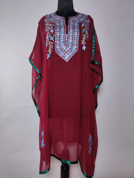 Long Kashmiri Maroon Kaftan in Georgette with Aari Embroidery