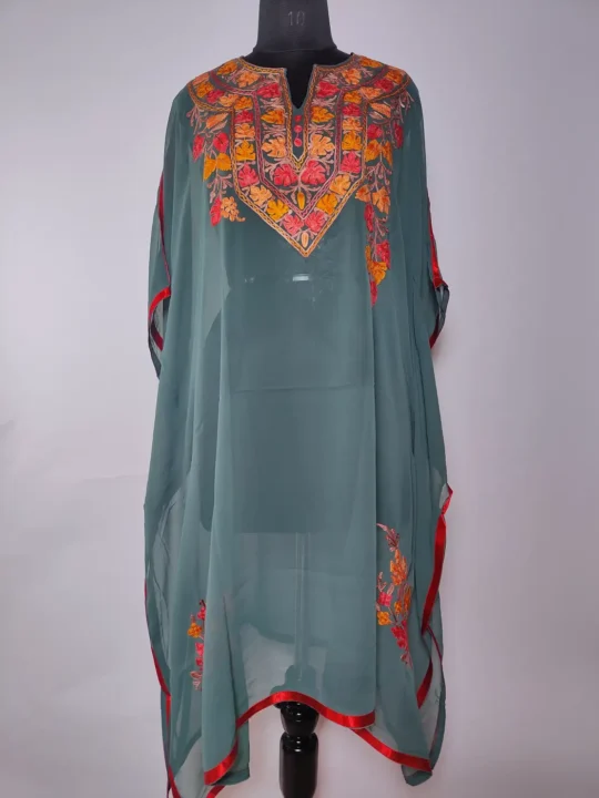 Green Long Kashmiri Kaftan in Georgette with Aari Embroidery