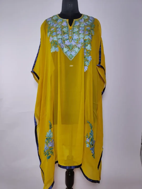 Green Long Kashmiri Kaftan in Georgette with Aari Embroidery
