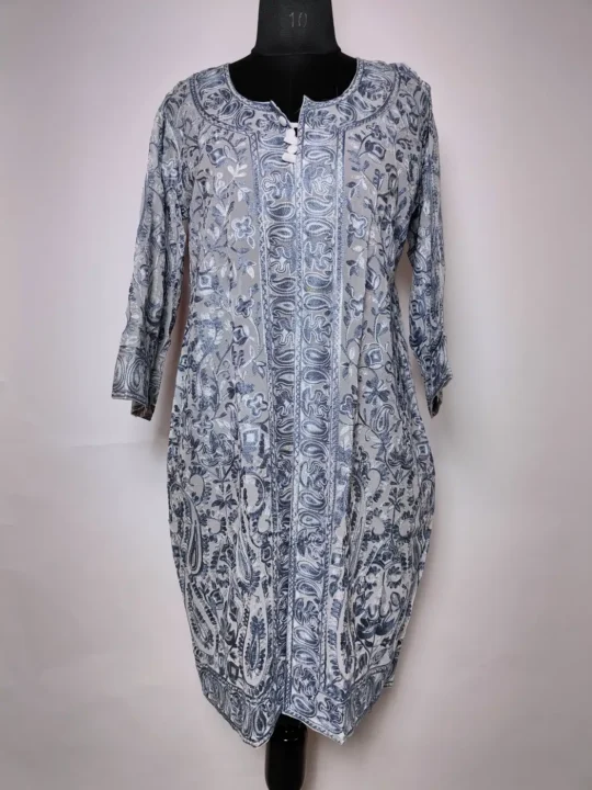 Kashmiri Grey Shrug in Georgette Mah-e-Bahar with All-over Aari Embroidery