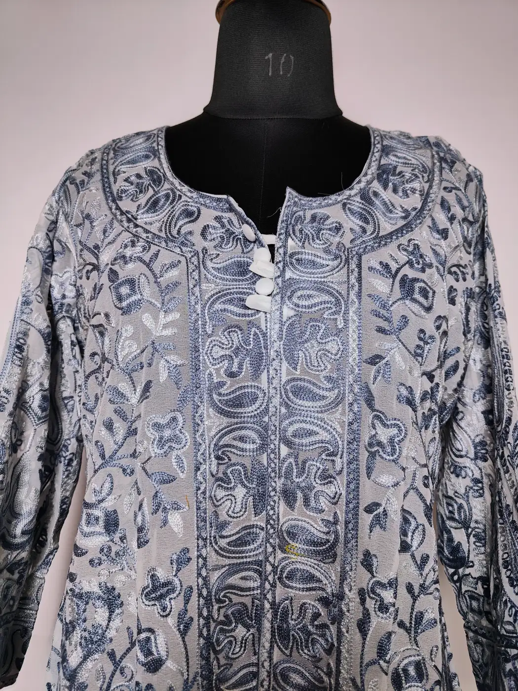 Kashmiri Grey Shrug in Georgette Mah-e-Bahar with All-over Aari Embroidery - Image 2