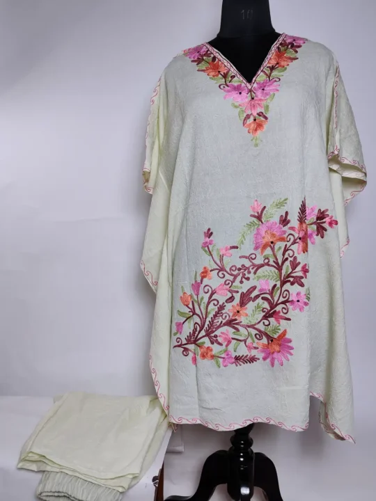 Kashmiri White Crush Cotton Kaftan Set with Aari Embroidery Fareed