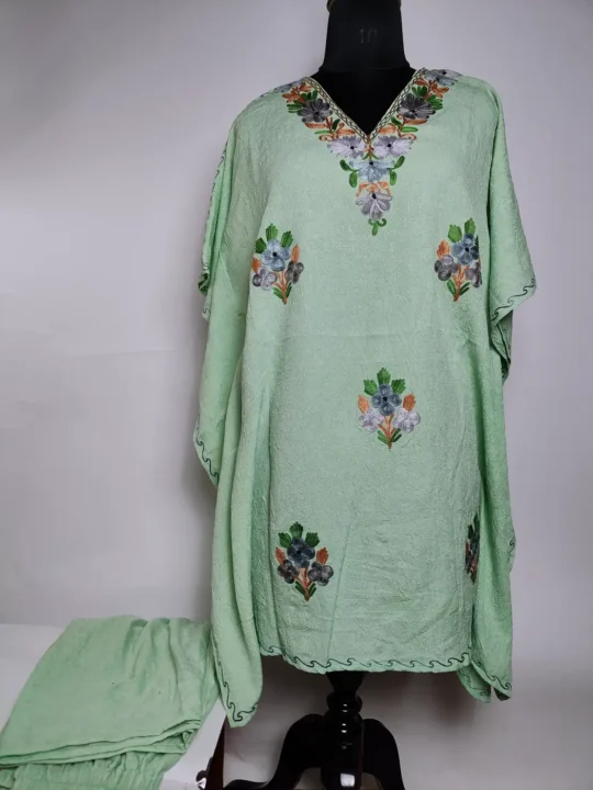 Zoyah Kashmiri Green Crush Cotton Kaftan Set with Aari Embroidery
